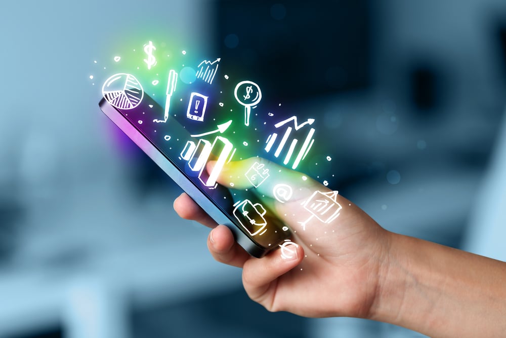 Smartphone with finance and market icons and symbols concept-3